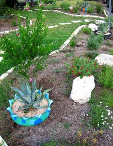 An old tire has been given a face lift to provide a stunning container.