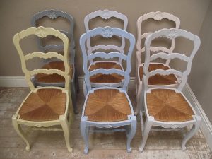 Vintage French chairs are given a new lease of life with pastel shades.