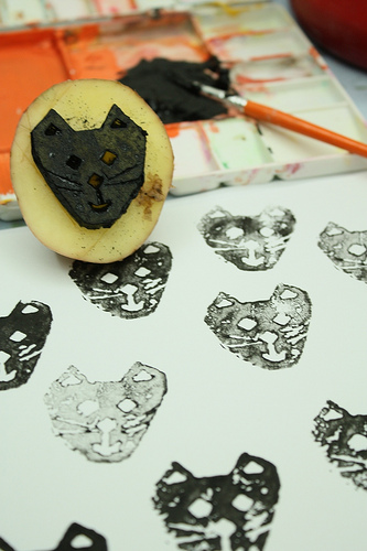 Potato printing is pleasurable and children love the results.