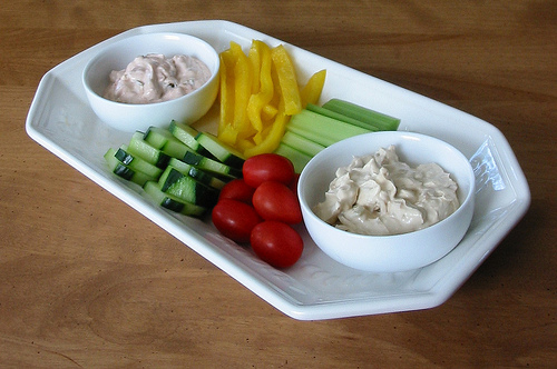 A selection of healthy vegetables and dips makes a good starter for children or adults